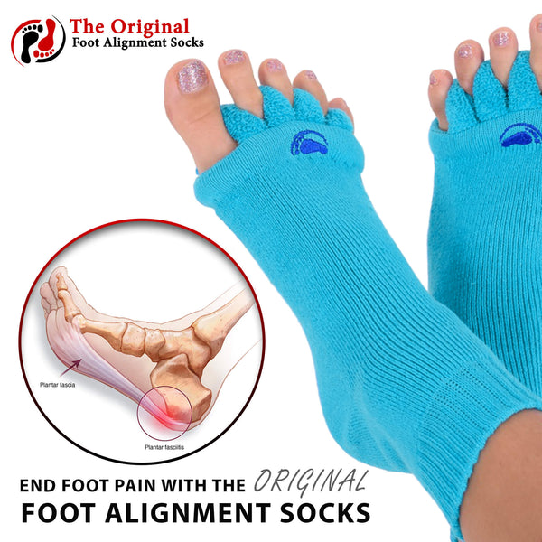 Relieve foot pain with Foot Alignment Socks in blue . MyHappy Feet