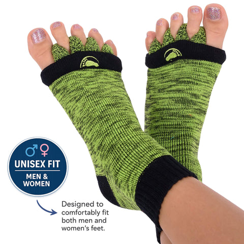 Green toe socks with black accents worn on feet, labeled as unisex fit for men and women.