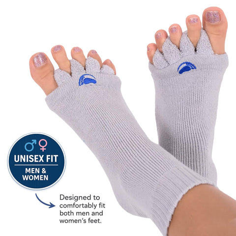 Gray toe separators with blue accents on feet, labeled as unisex fit for men and women.