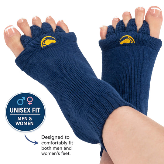 Blue toe separators with grippers featuring a logo on a white background, labeled as unisex fit for men and women.