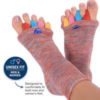 Woman Wearing Colorful toe-separated socks with a brand logo on a white background