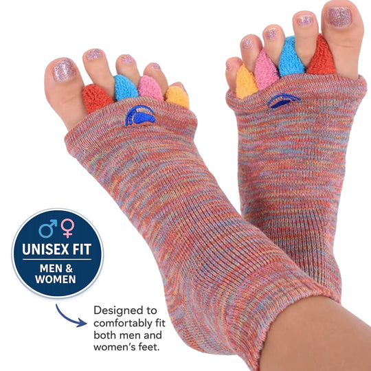 Woman Wearing Colorful toe-separated socks with a brand logo on a white background