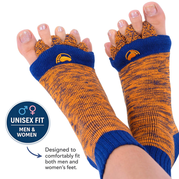 Woman's feet wearing Orange and blue toe-separated socks