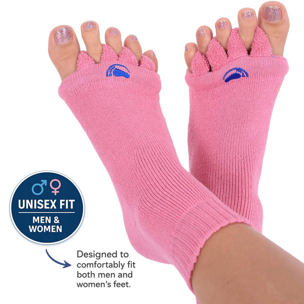 Pink toe-separated socks worn on feet with a visible brand logo, labeled 'Unisex Fit Men & Women'.