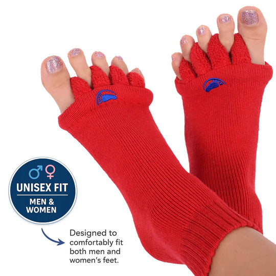 Women's feet wearing Red toe separators with a blue logo