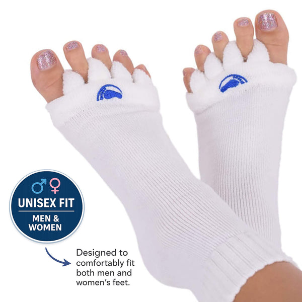 Woman's feet with White toe separators with blue logos on a white background