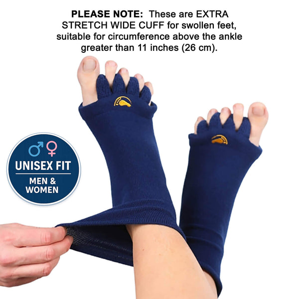 Extra stretchy wide cuff Navy blue toe separator with text on a white background