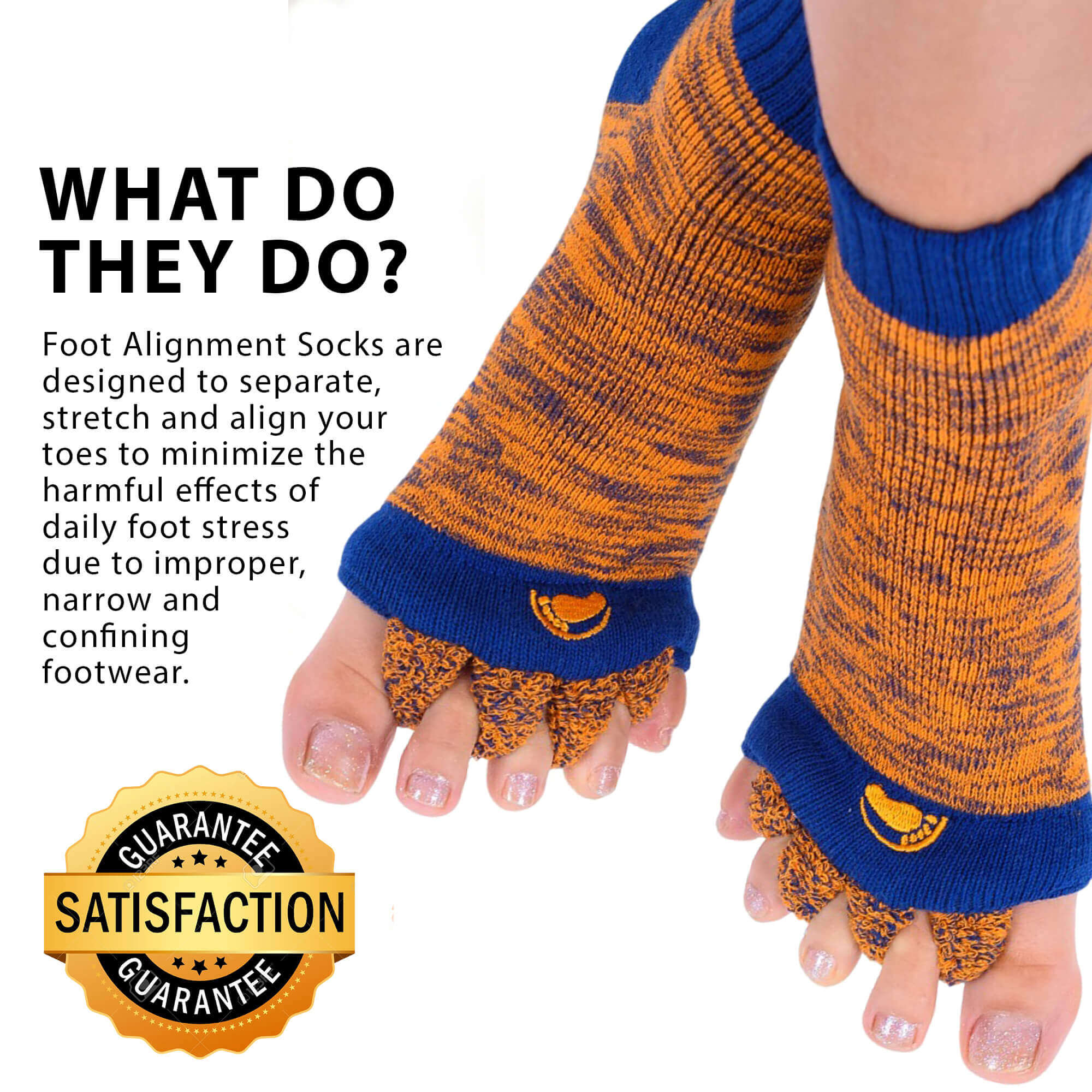 Sore feet and foot pain find relief with Navy & Orange Foot Alignment Socks.  – My-Happy Feet - The Original Foot Alignment Socks